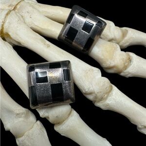 Vintage Modernist Taxco Sterling Silver Onyx Checkerboard Post Earrings 7/8”